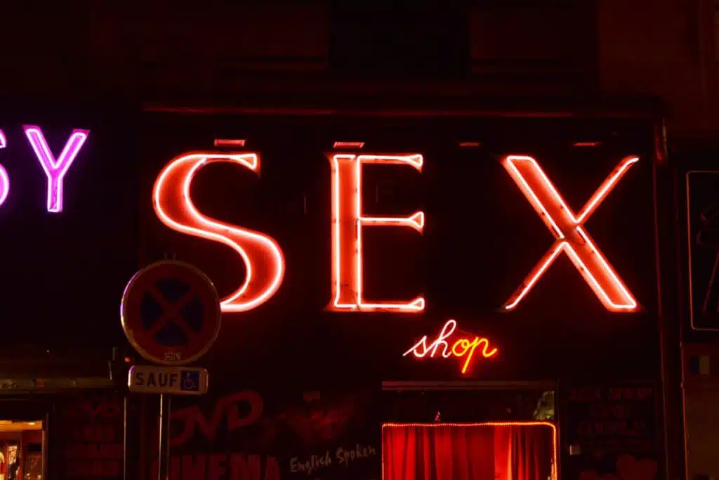 the redlight district area stating the orange and red color of sex shop
