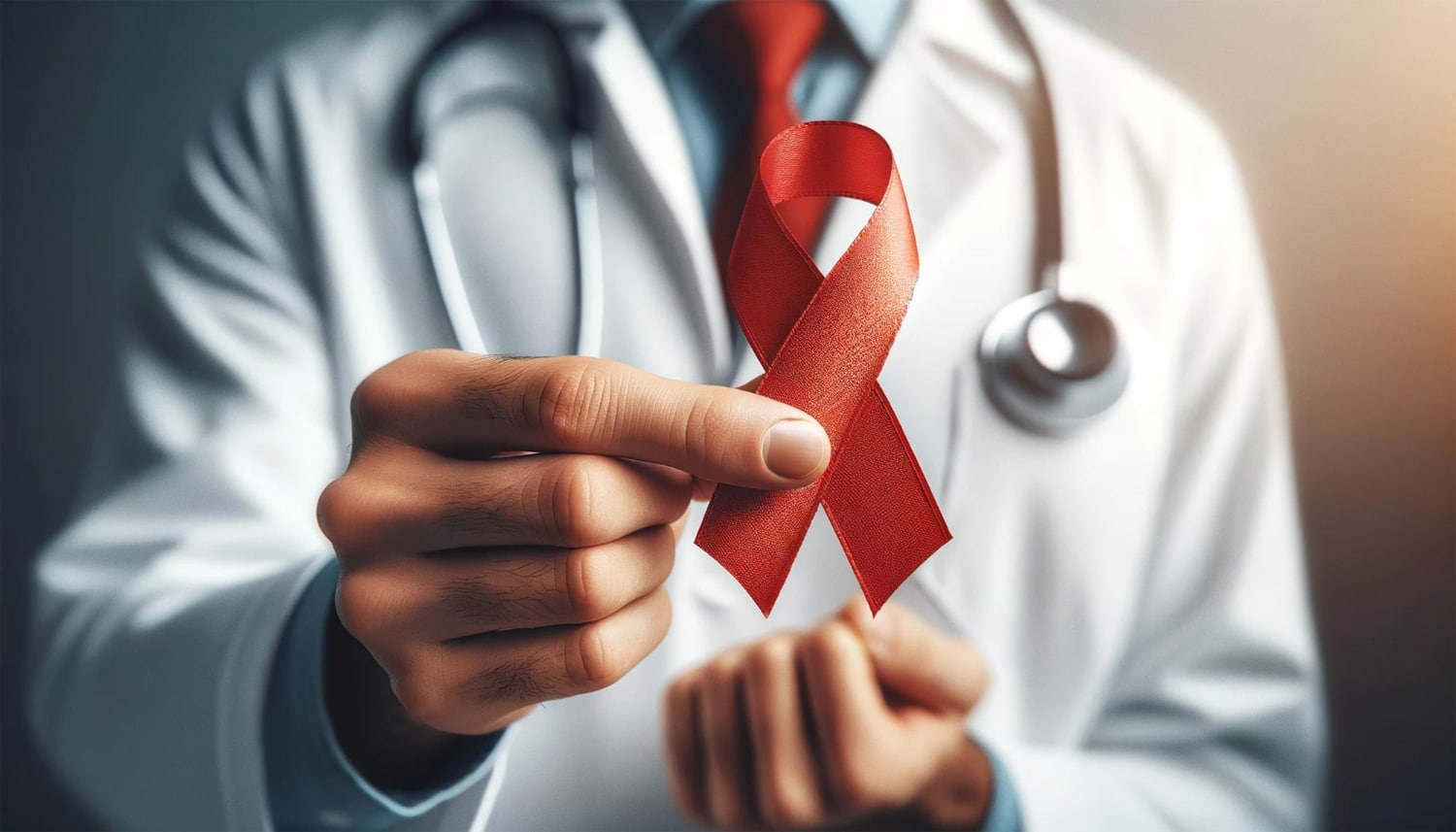 A doctor hanging a stethoscope on his neck and holding a badge of HlV red cross pointing the main service of HIV treatment at the HIV Clinic