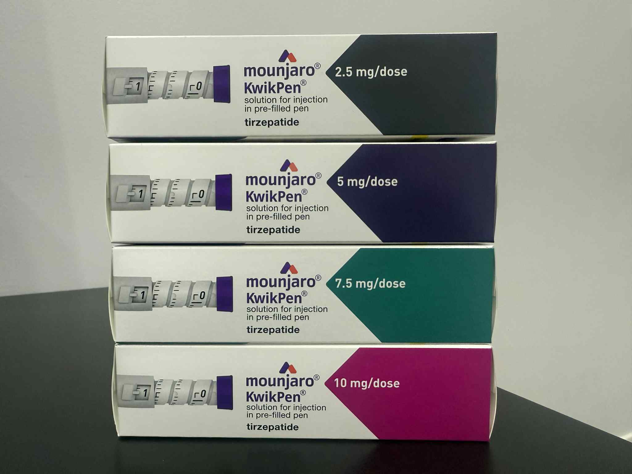 Different doses of Mounjaro pens (KwikPen) which available in Thailand as of May 2025 (Horizontal view)