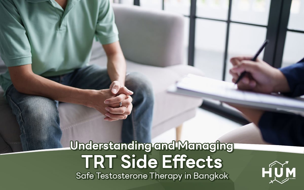A clinician explaining how to manage side effects during safe testosterone therapy