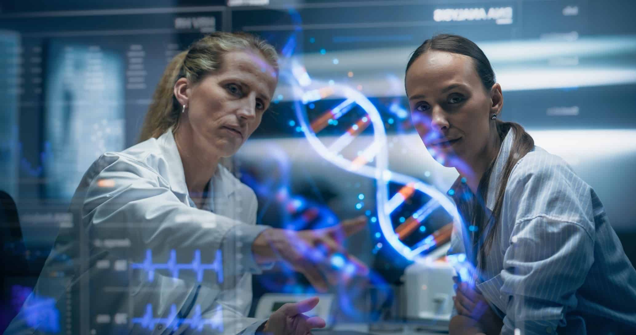 Two researchers studying Epithalon peptide and its effects on cellular aging.