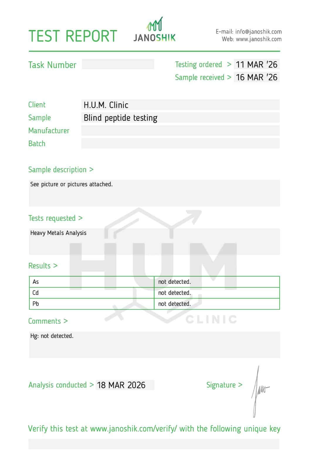 Janoshik heavy metals analysis for H.U.M. Clinic retatrutide -- As, Cd, Pb, Hg all not detected, tested 18 Mar 2026
