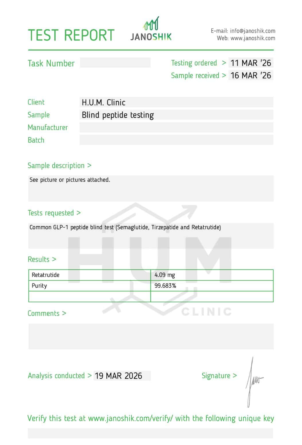Janoshik sterility test for H.U.M. Clinic retatrutide -- TAMC PASS, TYMC PASS, tested 31 Mar 2026