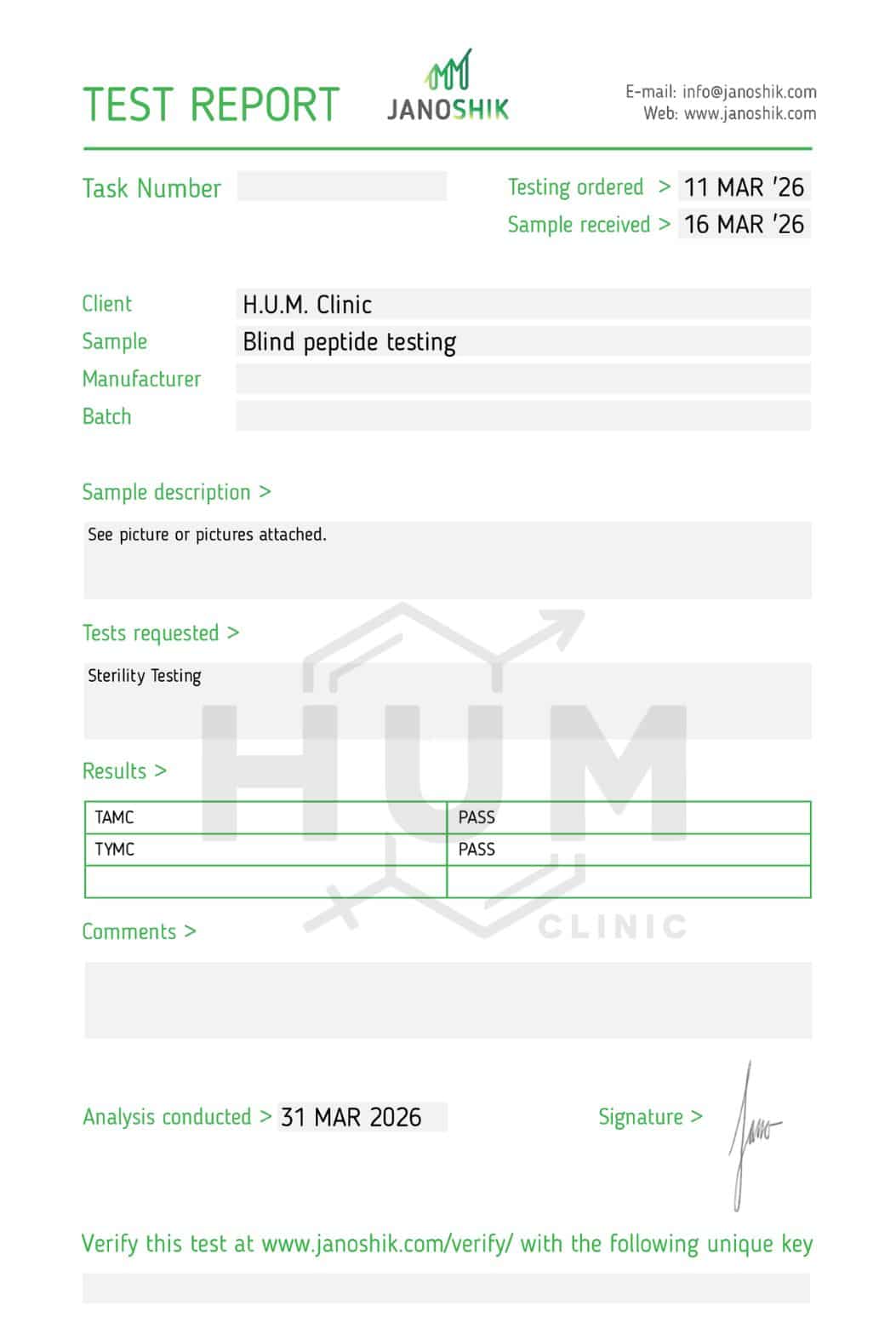 Janoshik sterility test for H.U.M. Clinic retatrutide -- TAMC PASS, TYMC PASS, tested 31 Mar 2026