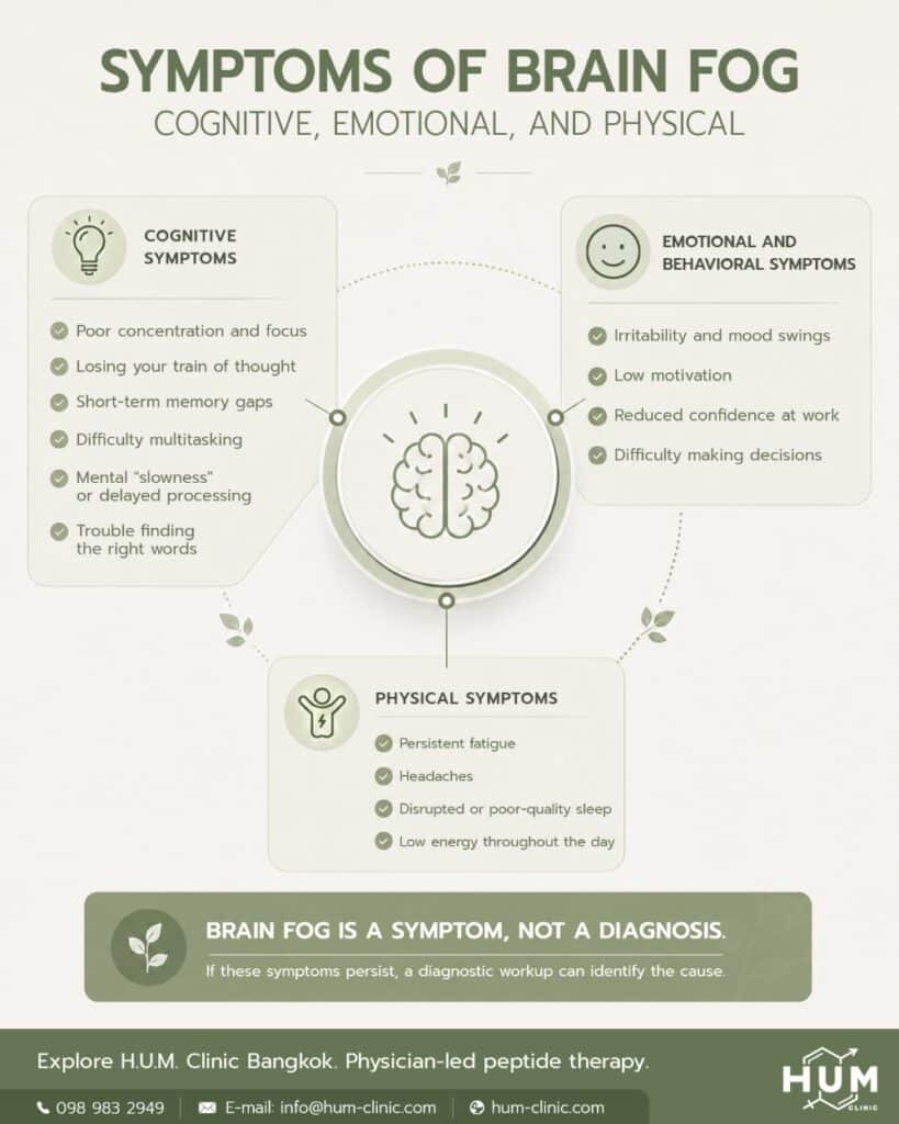 Infographic reflecting brain fog symptoms grouped by cognitive, emotional, and physical categories.