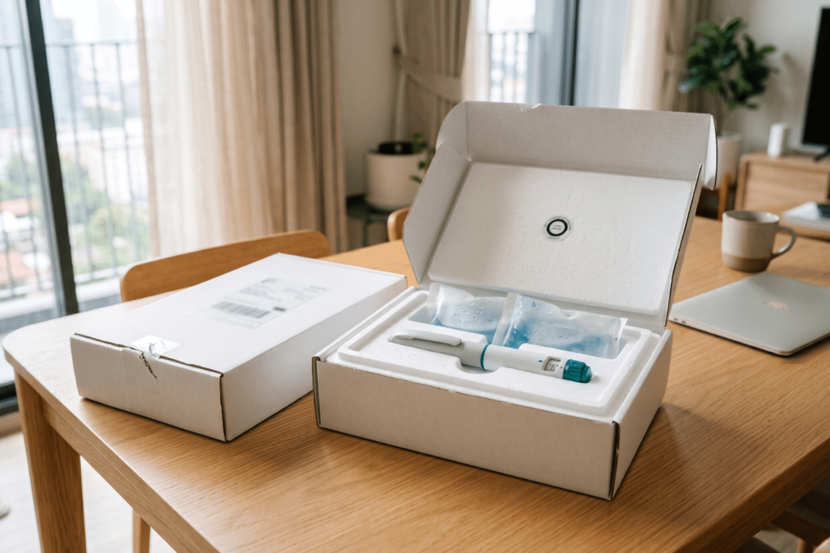 Temperature-controlled cold-chain box delivering weight loss pen medication to an apartment in Thailand