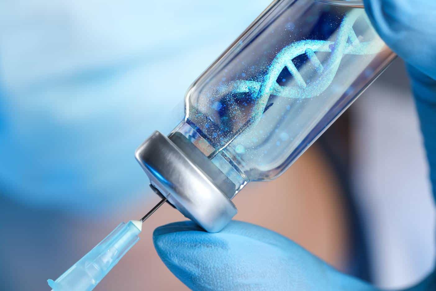 A vial containing a solution with stem cells during stem cell therapy research