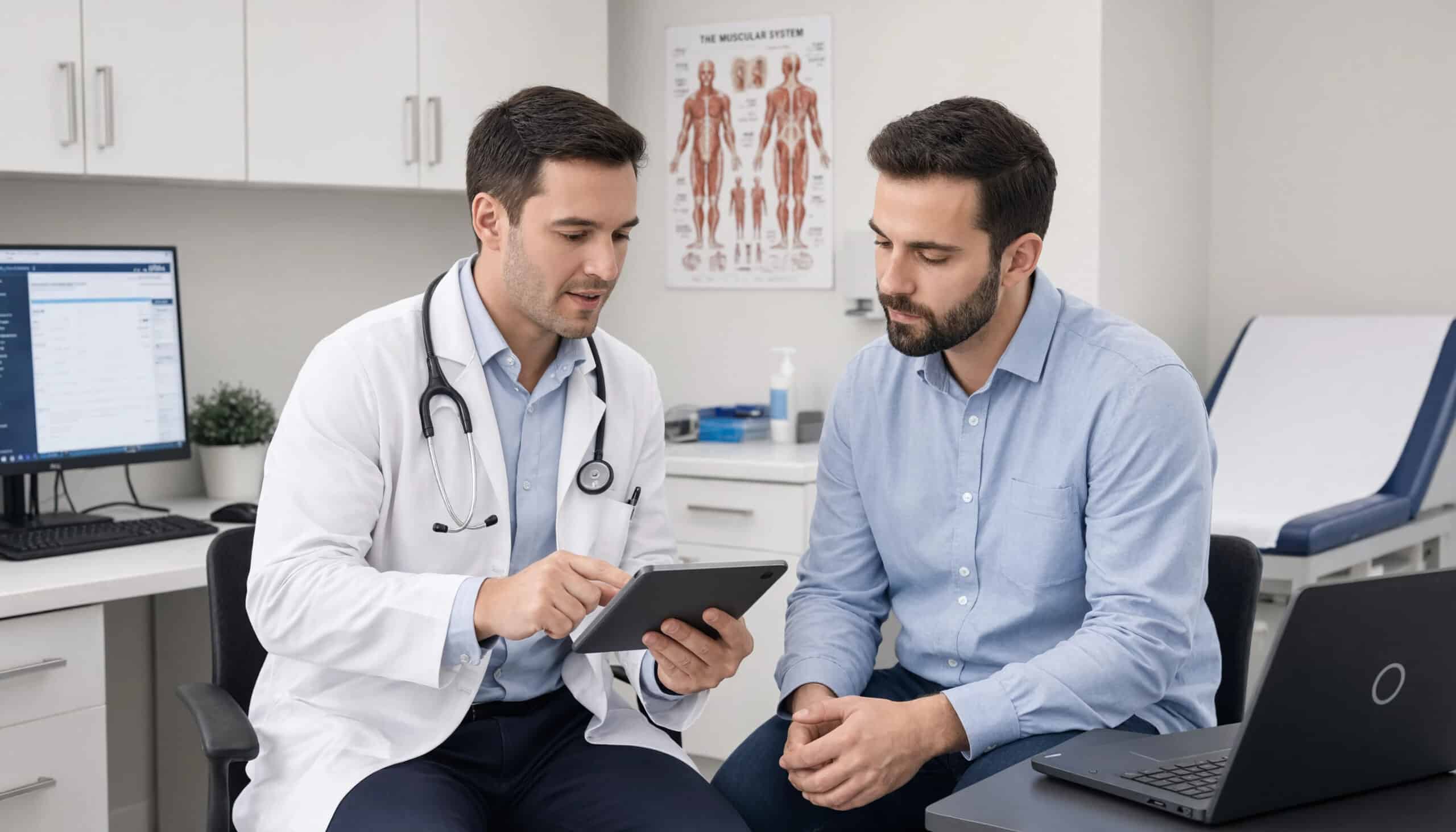 Doctor discussing information on a tablet with an adult male patient during a clinic consultation.