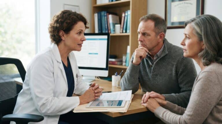 Adult couple holding hands while listening to a doctor during a medical consultation.