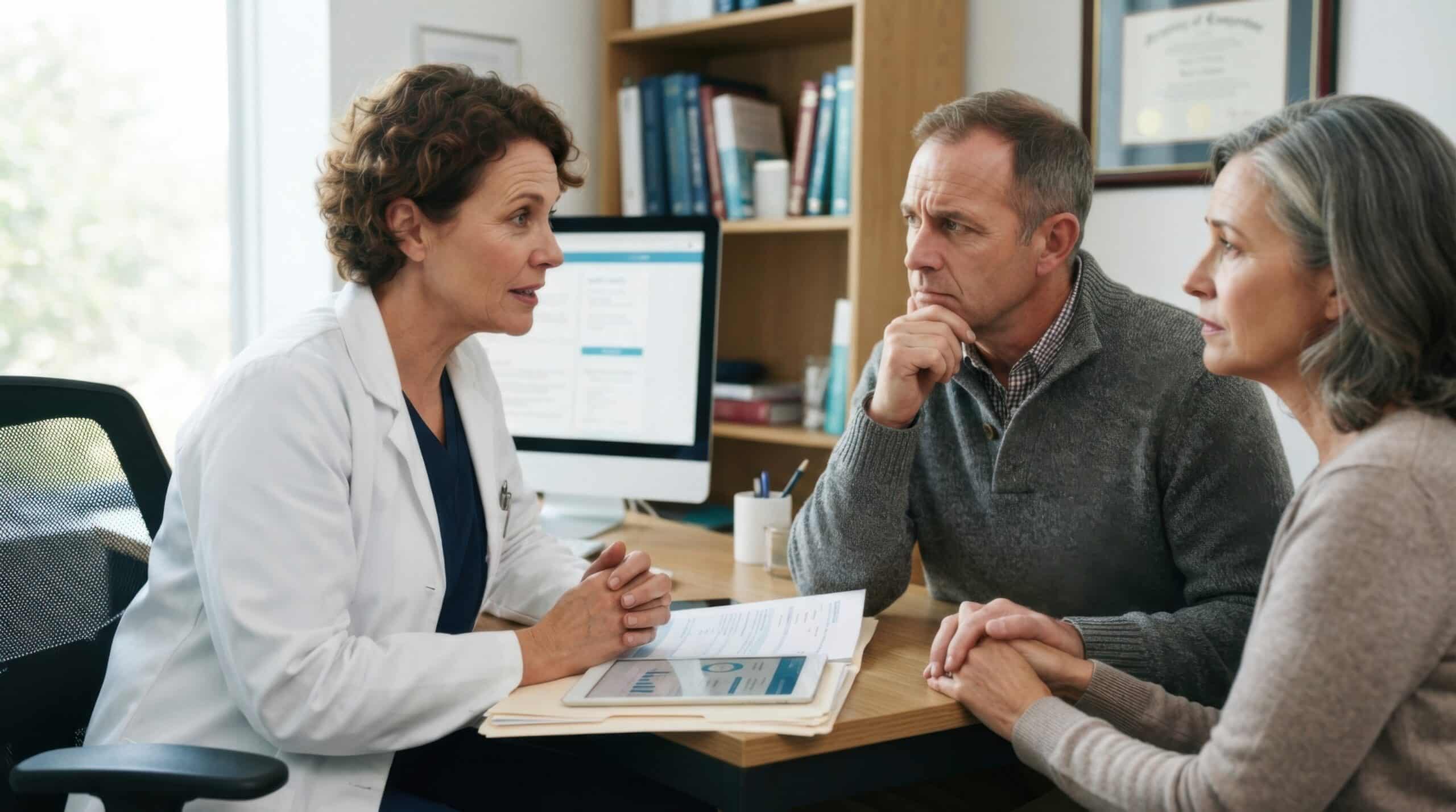 Adult couple holding hands while listening to a doctor during a medical consultation.