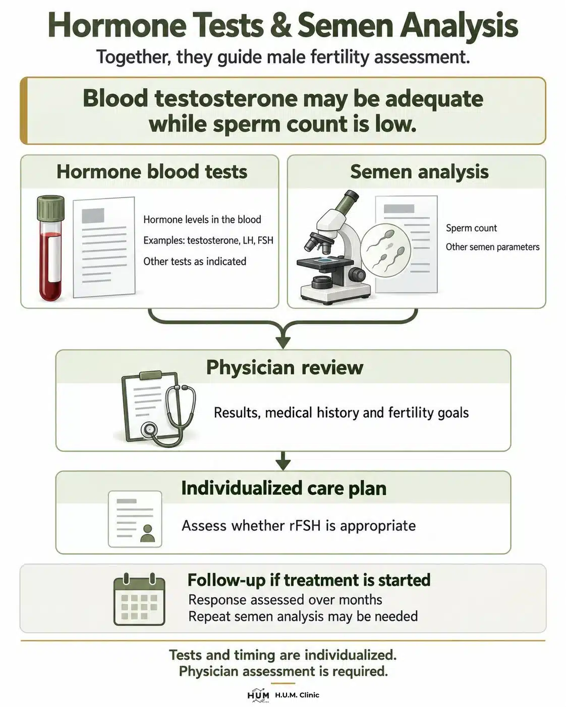 Hormone blood tests and semen analysis feed into physician review to assess rFSH suitability and plan individualized fertility care.