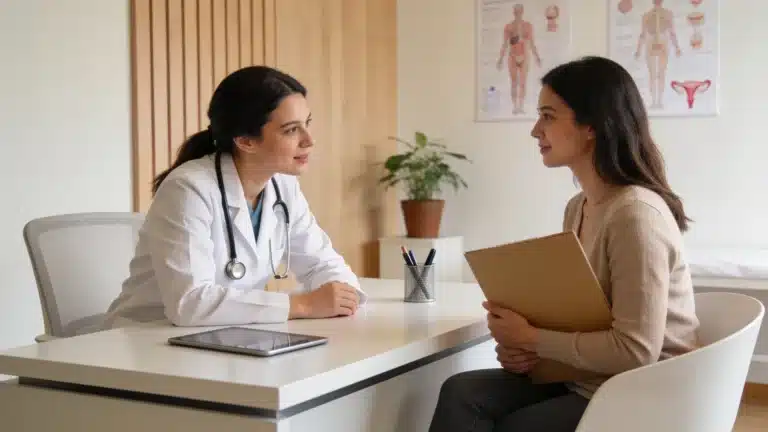 A female doctor speaking with an adult woman during a medical consultation.