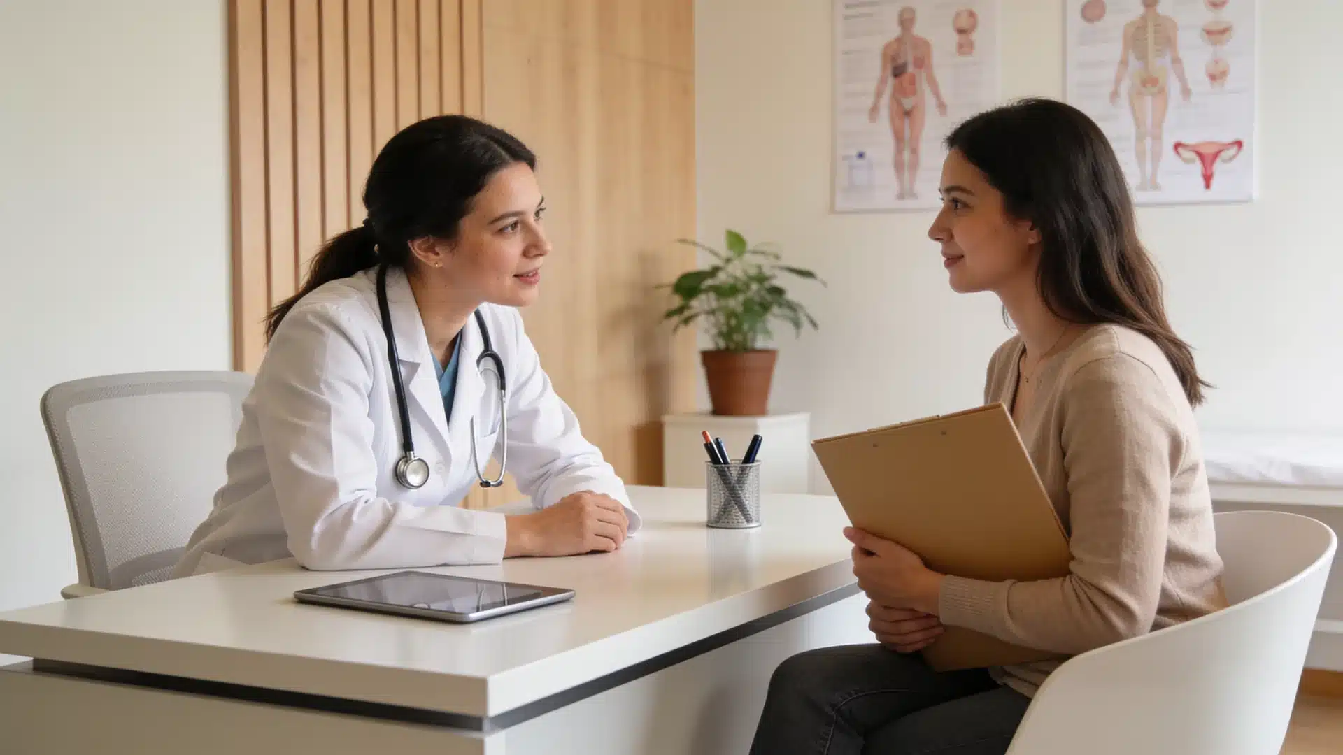 A female doctor speaking with an adult woman during a medical consultation.